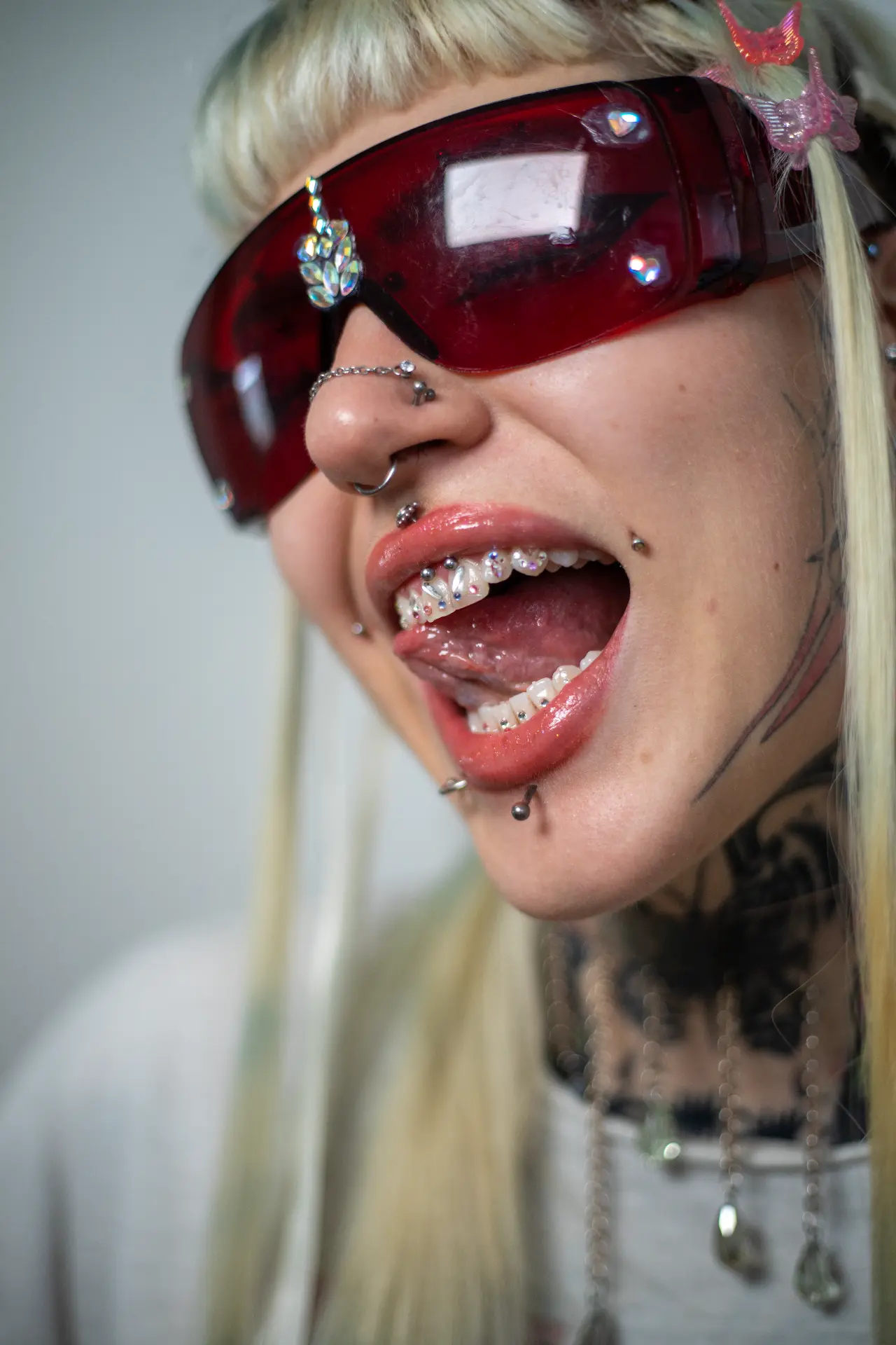 Close-up of a full crystal tooth gem set by Eka Kely