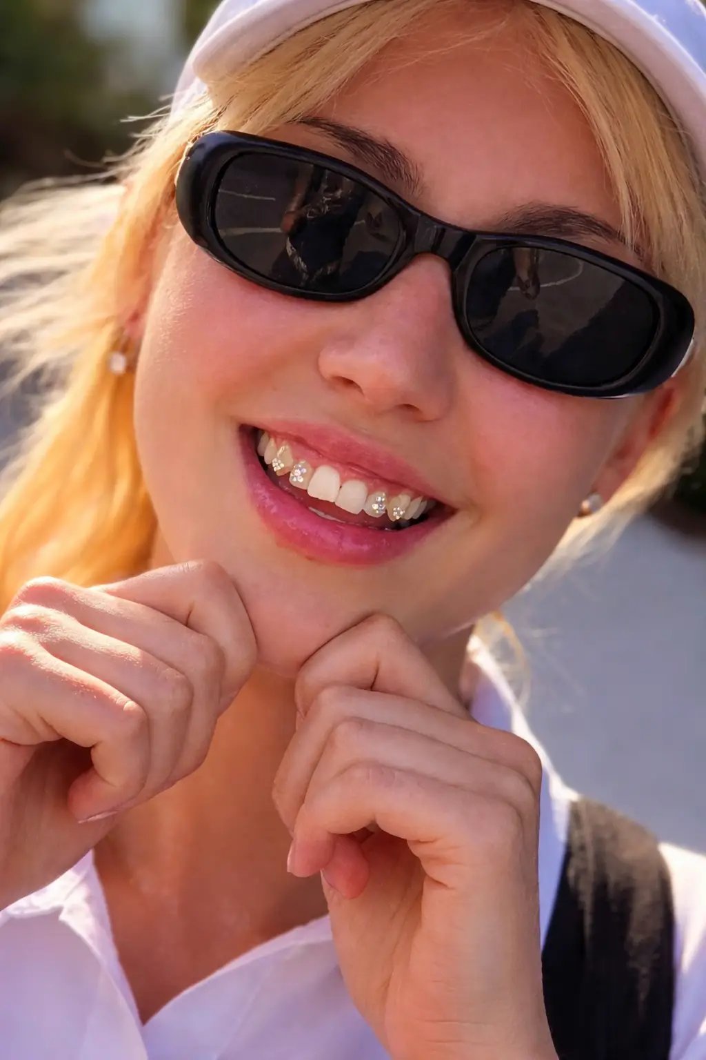 Sunlit smile with clear crystals and a bow charm