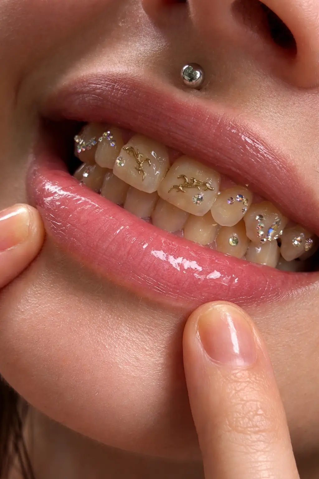 Larger tooth gem set with gold charms across several teeth